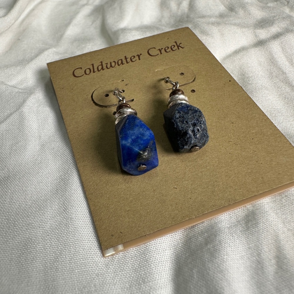 Coldwater Creek Blue Stone & Lava Rock Asymmetric Silver Drop Earrings NWT Boho